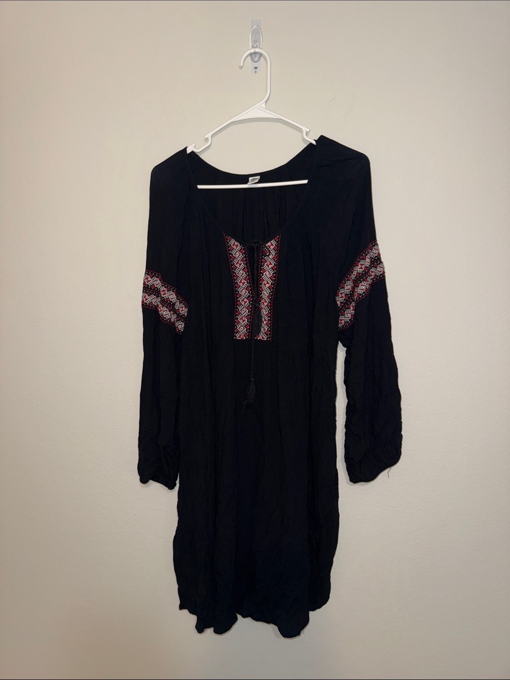 Old Navy Black Peasant Dress with Red & White Embroidered Trim XXL